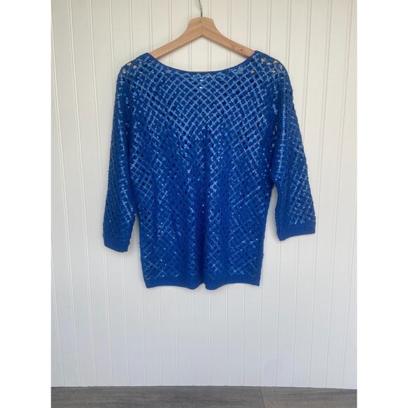 Chicos Sweater Women's Sz 1, Blue 3/4 Sleeve Kinetic Open Knit Sasha Sequins - Picture 5 of 5